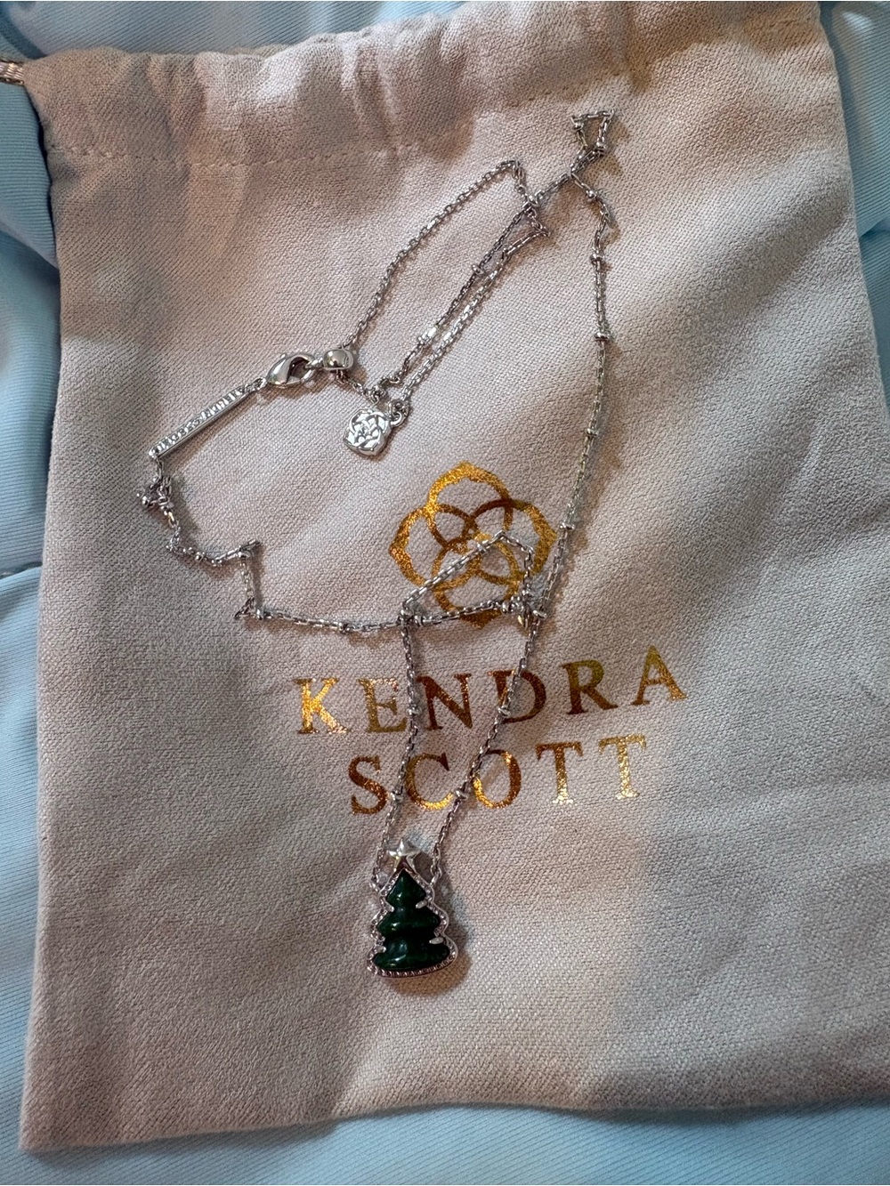 Kendra Scott Silver Necklace with Green Christmas Tree Pendant